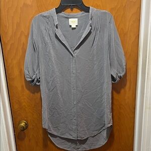 Maeve Slate Gray Button-Front Roll-Tab Blouse